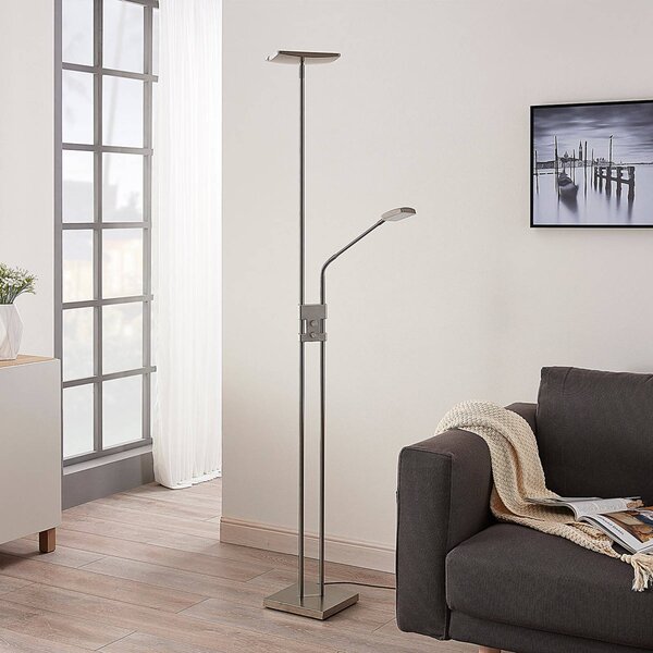Lindby LED stojací lampa Jonne, hranatá, s ramenem na čtení, stmívatelné, 180 cm, stmívatelný, Hliník / šedá / zinek, Obývací pokoj / jídelna, kov, Moderní, Lampička na čtení