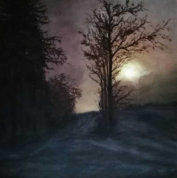 Ručně malovaný obraz od Soňa Palečková - "V zimě svítá pozdě", rozměr: 40 x 40 cm