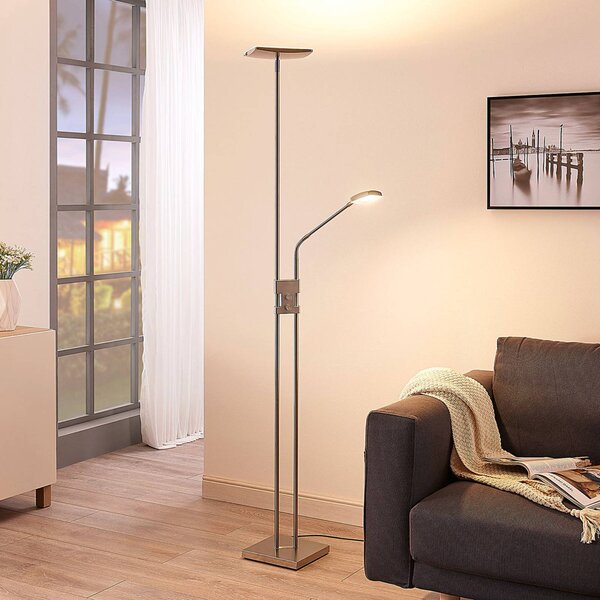 Lindby LED stojací lampa Jonne, hranatá, s ramenem na čtení, stmívatelné, 180 cm, stmívatelný, Hliník / šedá / zinek, Obývací pokoj / jídelna, kov, Moderní, Lampička na čtení