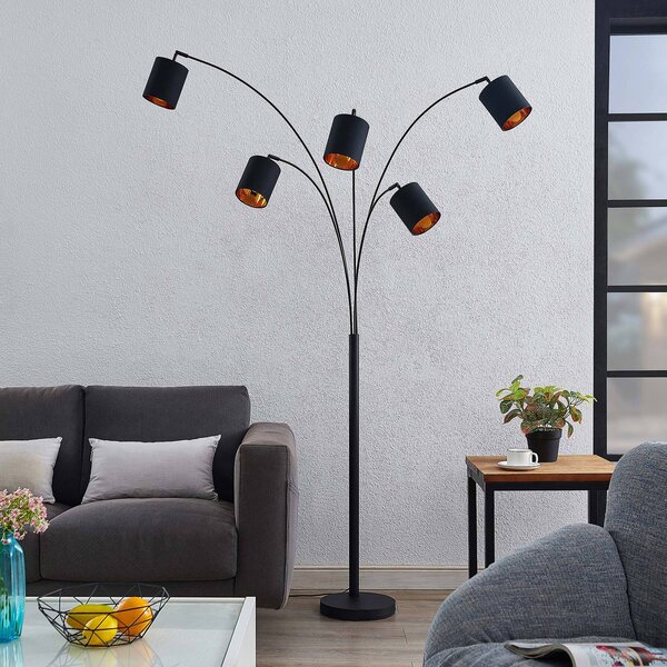 Lindby Stojací lampa Abiram, černá/zlatá, textil, 70 cm, Černá, Obývací pokoj / jídelna, kov, Moderní, oblouková lampa