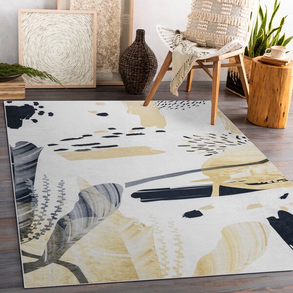 Makro Abra Kusový koberec vhodný k praní ANDRE 1097 Abstraktní protiskluzový bílý žlutý Rozměr: 80x150 cm