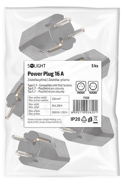 SOLIGHT Zástrčka přímá, IP20, černá