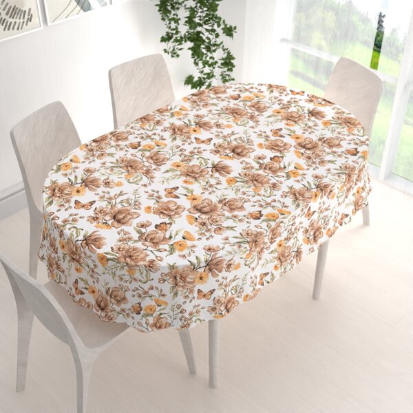 Biante Bavlněný oválný ubrus Sandra SA-458 Hnědé květy magnolie s motýlky na bílém 50x100 cm