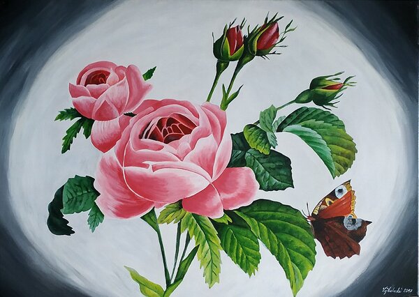 Ručně malovaný obraz od Daniela Vojtechovská - "Rosa vulgaris", rozměr: 70 x 50 cm
