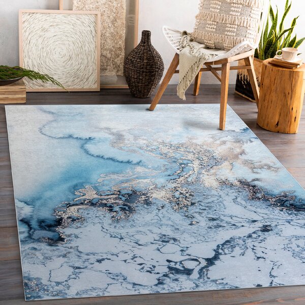 Makro Abra Kusový koberec vhodný k praní ANDRE 2248 Mramor abstraktní protiskluzový modrý Rozměr: 80x150 cm