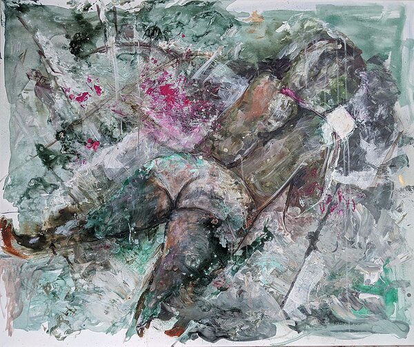 Ručně malovaný obraz od Denis Brnoliak - "Cyklus zo života ženy ( Keď sa niekto pozerá )", rozměr: 120 x 100 cm