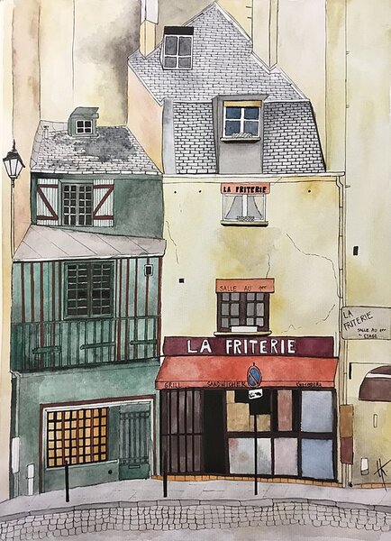 Ručně malovaný obraz od Tereza Knoflíčková - "La Friterie, Quartier Latin, Paris", rozměr: 28 x 40 cm