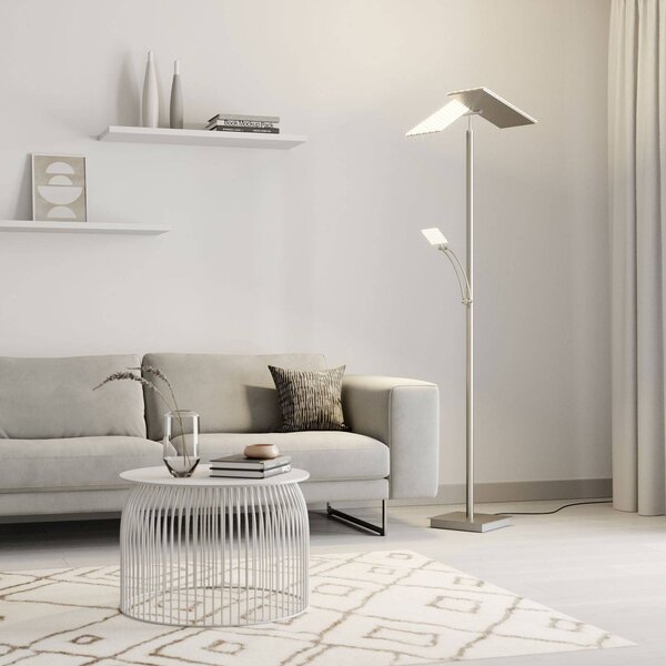 Lucande LED stojací lampa Parthena, nikl, kov, 180 cm, stmívatelný, Hliník / šedá / zinek, Obývací pokoj / jídelna, kov, Moderní