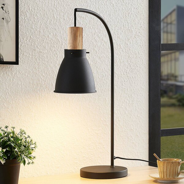 Stolní lampa Lindby Trebale, E14, železo, dřevo, černá barva
