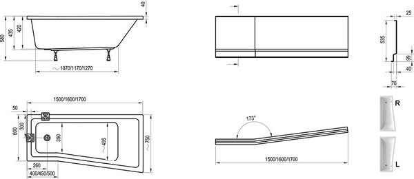 Ravak Vana asymetrická 150×75 cm levá, BEHAPPY II 150 L C981000000 BEHAPPY II 150 L
