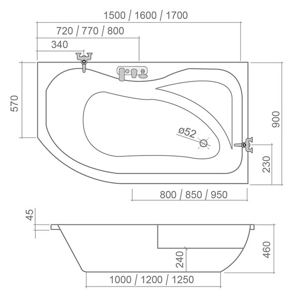 Roth ACTIVA 150 asymetrická rohová vana 150 x 90 cm 8410000 levá akrylátová