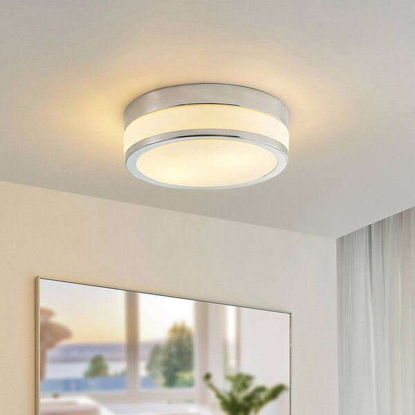 Lindby Stropní světlo Flavi, Ø 28 cm, chrom, sklo, IP44, E27, stmívatelný, Chrom / stříbro, Koupelna, Sklo, Moderní
