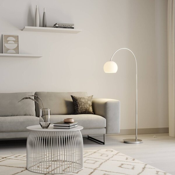 Lindby oblouková lampa Cynthia, niklová, sklo, 140 cm, E27, Hliník / šedá / zinek, Obývací pokoj / jídelna, Sklo, Moderní