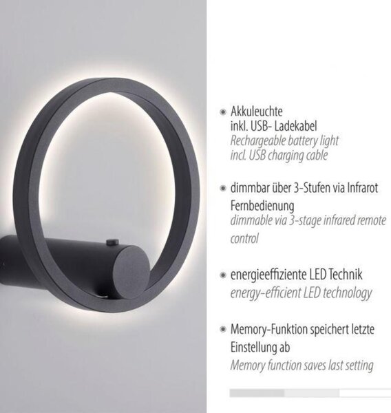 PAUL NEUHAUS JUST LIGHT LED nástěnné svítidlo antracit stmívatelné dálkovým ovladačem paměťová funkce 3000K