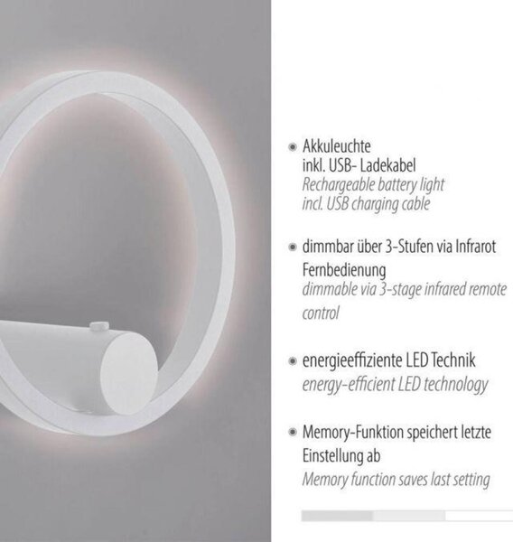PAUL NEUHAUS JUST LIGHT LED nástěnné svítidlo na baterie bílé stmívatelné dálkovým ovladačem paměťová funkce 3000K