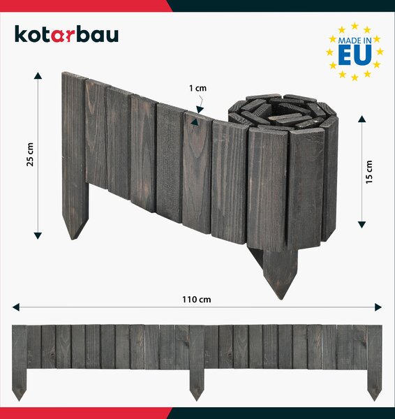 KOTARBAU® Ohraničení záhonů 110 x 15 cm Rollborder – flexibilní ohraničení záhonů, plot na záhony, ohraničení květinových záhonů, zapichovací plot, ohraničení trávníku, borovicové dřevo, antracit