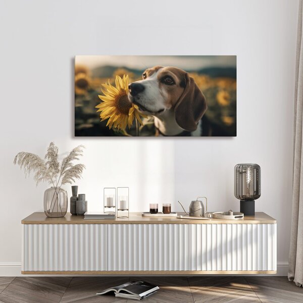 Obraz beagle se slunečnicí