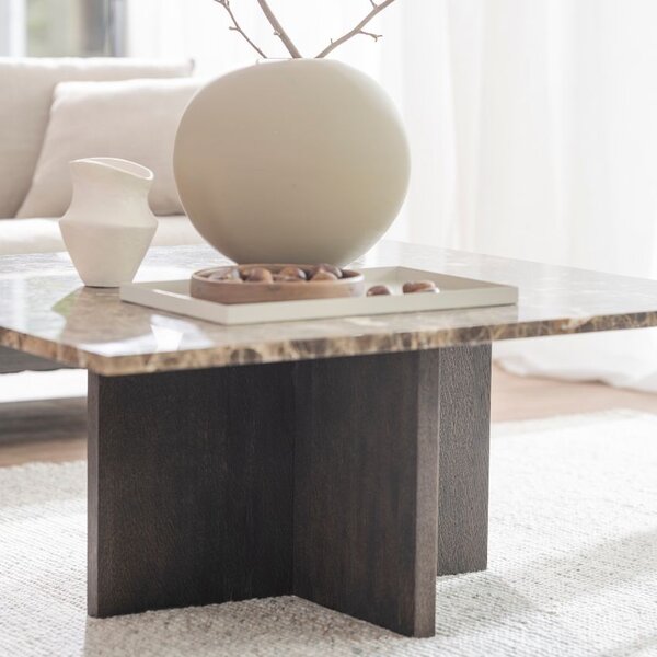 Hnědý mramorový konferenční stolek ROWICO BROOKSVILLE 90 x 90 cm s hnědou podnoží