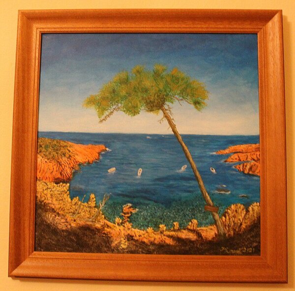 Ručně malovaný obraz od Hana Kovalíková - "Zátoka v Provence", rozměr: 40 x 40 cm