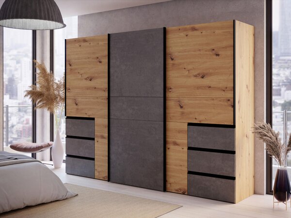 SKŘÍŇ S POSOUVACÍMI DVEŘMI, tmavě šedá, dub artisan, 270/200/61 cm Carryhome - Šatní skříně, Online Only