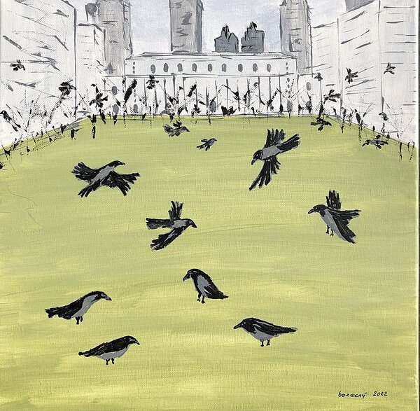 Ručně malovaný obraz od Zbyněk Bezecný - "Vrána šedá Bryant park", rozměr: 40 x 40 cm