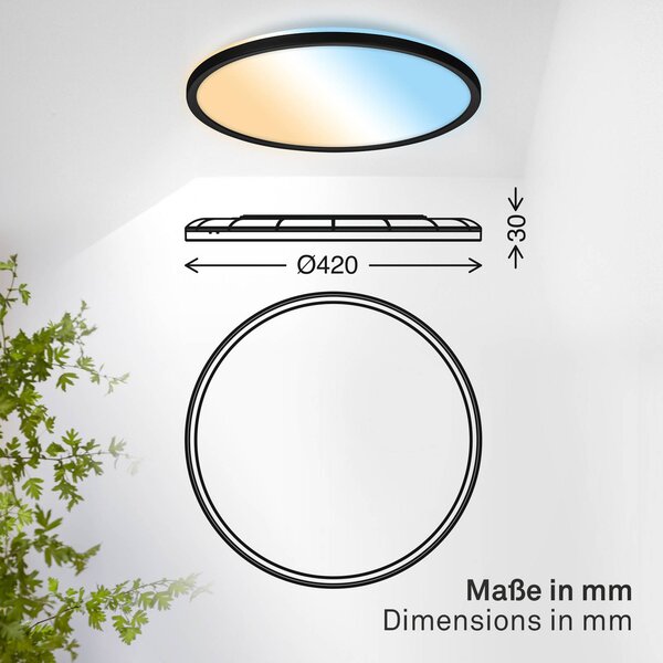 B.K. Licht LED stropní svítidlo Shallow, černé, Ø 42 cm, IP44, plast,, stmívatelný, Černá, Pracovna / kancelář, Plast