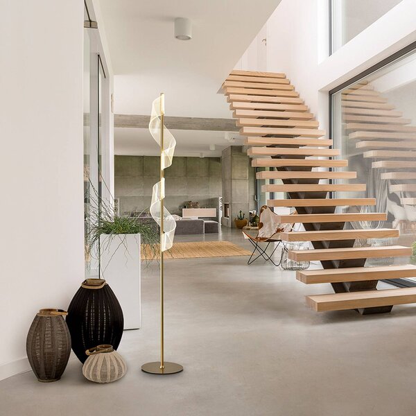 Schuller Valencia LED stojací lampa Velas, zlatá, výška 160 cm, kovová, Mosaz / zlato, Obývací pokoj / jídelna, Hliník, Moderní