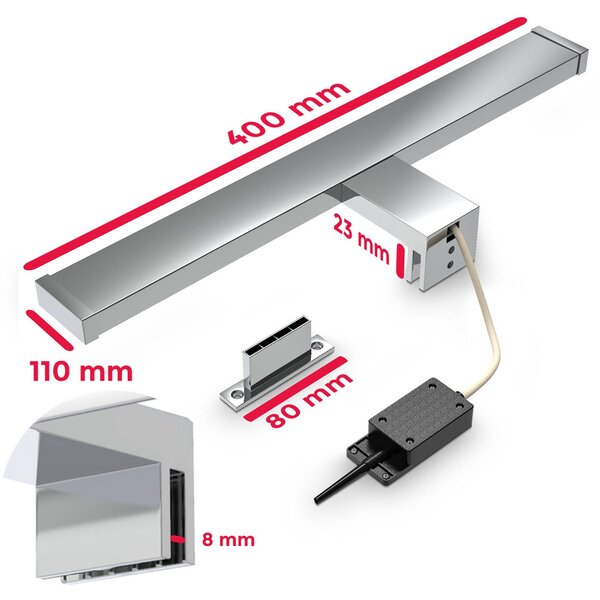 B.K. Licht LED nástěnné světlo BKL1230, chrom/bílá, šířka 40 cm, kov, IP44, Chrom / stříbro, Koupelna, kov, Moderní