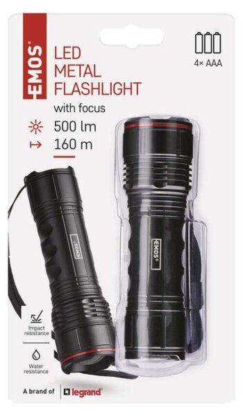 EMOS LED svítilna kovová, 500 lm, 4× AAA, FOKUS