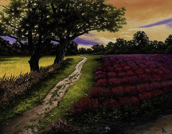 Ručně malovaný obraz od Oleg Baulin - "Večerní levandule/Evening lavender", rozměr: 64 x 50 cm