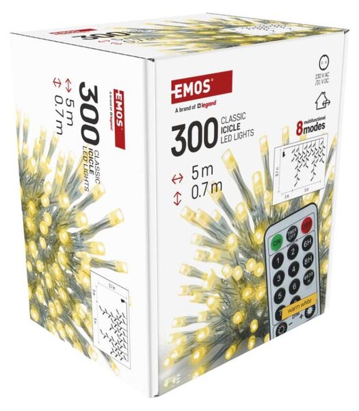 EMOS LED vánoční rampouchy, 5 m, venkovní i vnitřní, teplá bílá, ovladač, programy, časovač