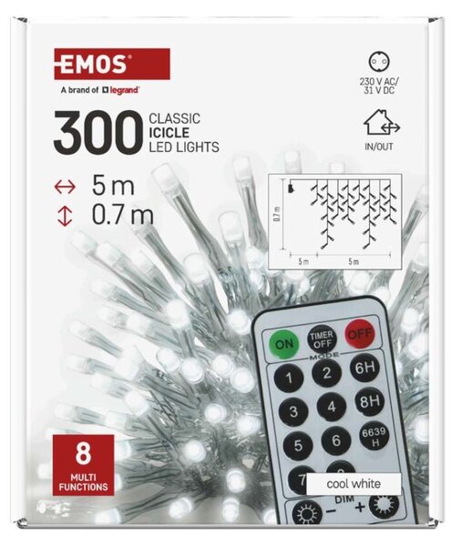 EMOS LED vánoční rampouchy, 5 m, venkovní i vnitřní, studená bílá, ovladač, programy, časovač