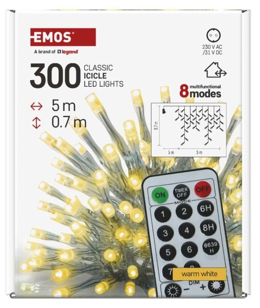 EMOS LED vánoční rampouchy, 5 m, venkovní i vnitřní, teplá bílá, ovladač, programy, časovač