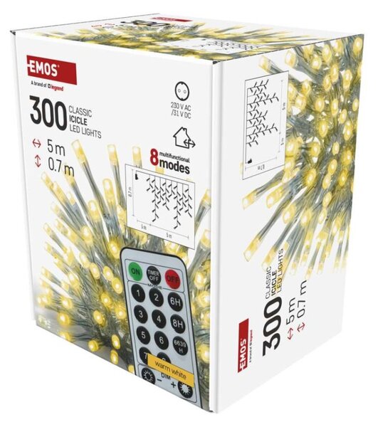 EMOS LED vánoční rampouchy, 5 m, venkovní i vnitřní, teplá bílá, ovladač, programy, časovač