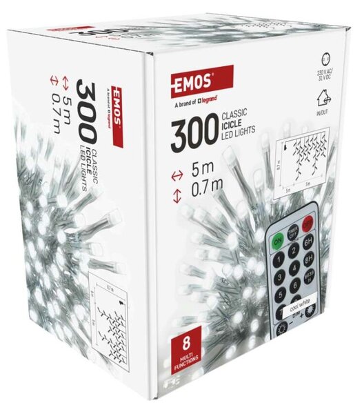 EMOS LED vánoční rampouchy, 5 m, venkovní i vnitřní, studená bílá, ovladač, programy, časovač