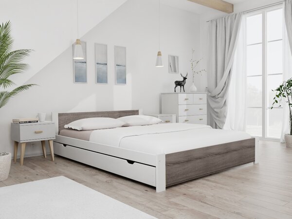 Postel IKAROS 120 x 200 cm, bílá/dub lanýž s laťkovým roštem a matrací Deluxe 10 cm