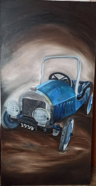 Ručně malovaný obraz od Michaela Komárková - "Šlapací autíčko retro original", rozměr: 70 x 100 cm