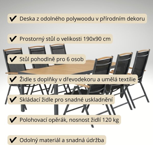 Vikio Zahradní jídelní set 190x90 pro 6 osob přírodní AZS157-6P