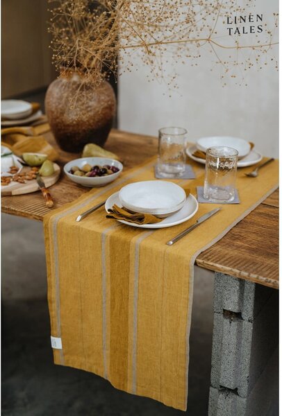 Lněný běhoun na stůl 200x200 cm Amber Bronze Stripes – Linen Tales