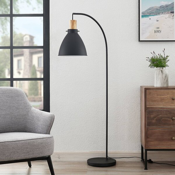 Lindby Stojací lampa Trebale, černá, dřevo, 154 cm, E27, Černá, Obývací pokoj / jídelna, kov, Skandinávský, stojací lampa