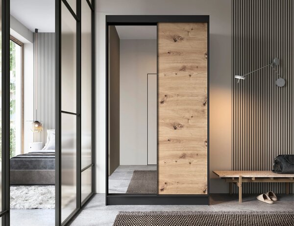 Šatní skříň s posuvnými dveřmi a zrcadlem 120 cm OLIVIERA - černá / dub artisan