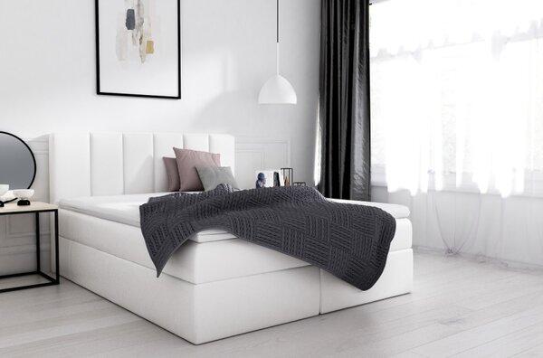 Stylová manželská postel Sven s úložným prostorem bílá eko kůže 160 x 200 + topper