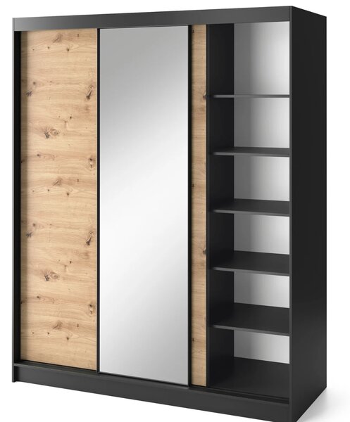 Šatní skříň s posuvnými dveřmi a zrcadlem 180 cm OLIVIERA - černá / dub artisan