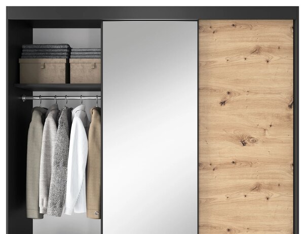 Šatní skříň s posuvnými dveřmi a zrcadlem 180 cm OLIVIERA - černá / dub artisan