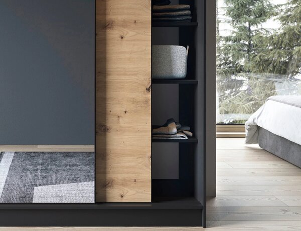 Šatní skříň s posuvnými dveřmi a zrcadlem 180 cm OLIVIERA - černá / dub artisan