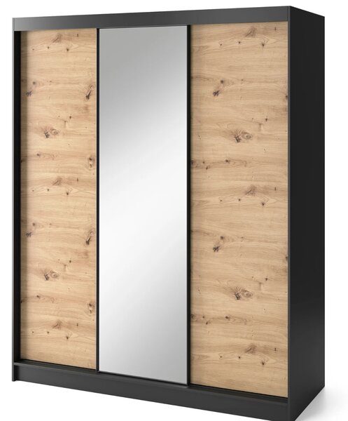 Šatní skříň s posuvnými dveřmi a zrcadlem 180 cm OLIVIERA - černá / dub artisan