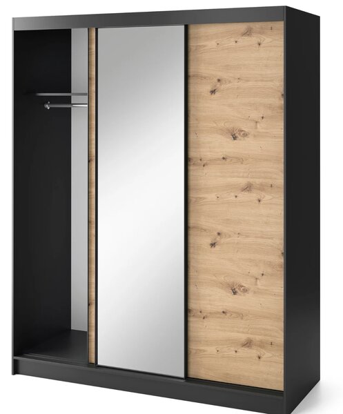 Šatní skříň s posuvnými dveřmi a zrcadlem 180 cm OLIVIERA - černá / dub artisan