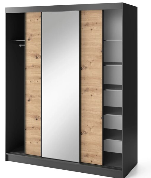 Šatní skříň s posuvnými dveřmi a zrcadlem 180 cm OLIVIERA - černá / dub artisan
