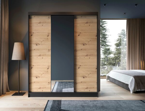 Šatní skříň s posuvnými dveřmi a zrcadlem 180 cm OLIVIERA - černá / dub artisan
