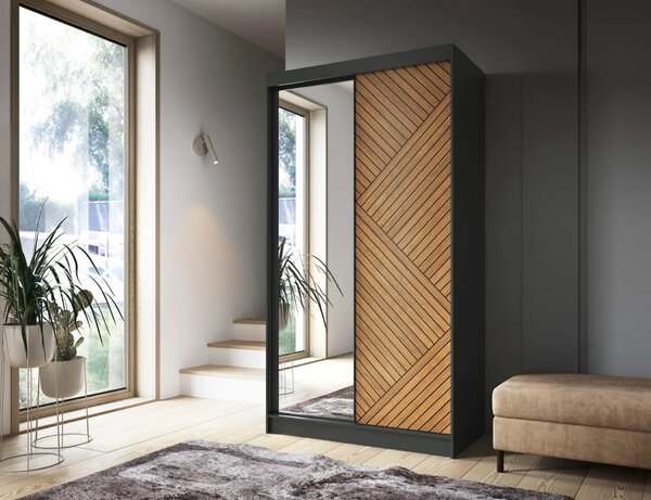 Šatní skříň se zrcadlem a posuvnými dveřmi 120 cm VALORA - černá / dub karamel